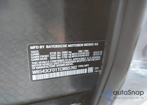 2026 BMW Ix xDrive45 из США, поврежденный, VIN WB543CF01TCW65392